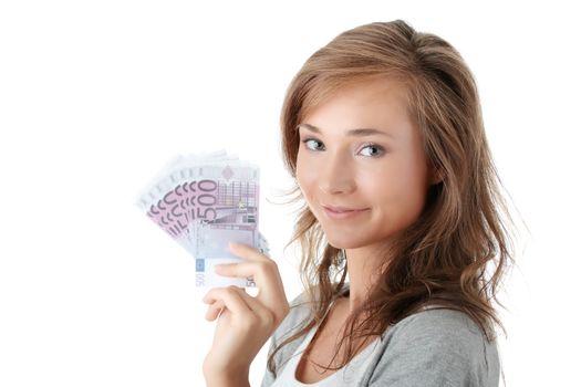 Happy young woman holding euro money isolated on white - loan concept