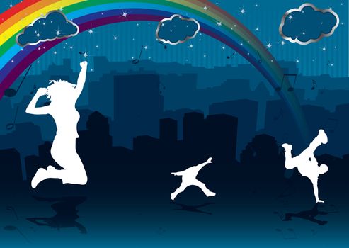 Abstract city scene with silhouette building and people dancing with rainbow