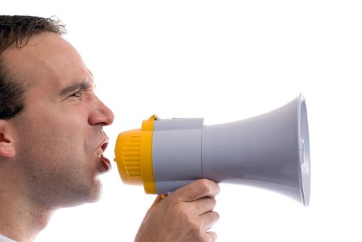 A profile view of a man yelling into a blowhorn, isolated against a white background