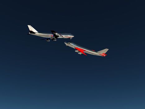 Two planes flying high in the sky. 