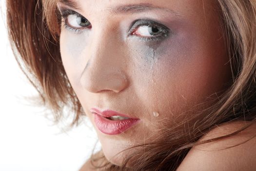 Emotional portrait of abused, crying, beautiful, young ,caucasian woman in underwear - violence concept
