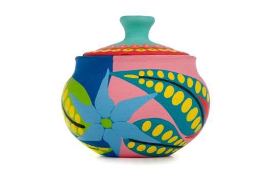 Colored clay pot isolated on white background.