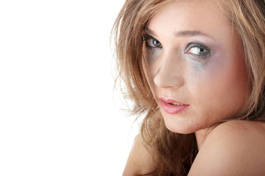 Emotional portrait of abused, crying, beautiful, young ,caucasian woman in underwear - violence concept