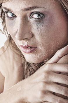 Emotional portrait of abused, crying, beautiful, young ,caucasian woman in underwear - violence concept, high emotional - hdr