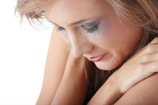 Emotional portrait of abused, crying, beautiful, young ,caucasian woman in underwear - violence concept