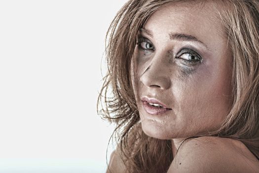 Emotional portrait of abused, crying, beautiful, young ,caucasian woman in underwear - violence concept, high emotional - hdr
