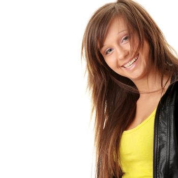Happy and friendly young lady posing isolated on white background