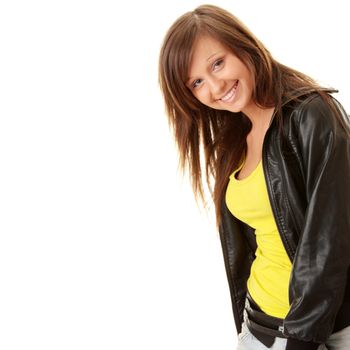 Happy and friendly young lady posing isolated on white background
