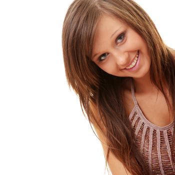 Happy and friendly young lady posing isolated on white background