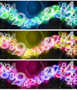 Three banners or backgrounds with a starry sky, numbers and watches