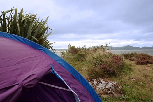 tent at campsite on the edge of the coast of kerry in ireland