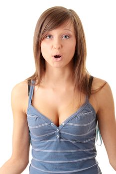 Young teen girl shouting, speaking. Isolated on white background