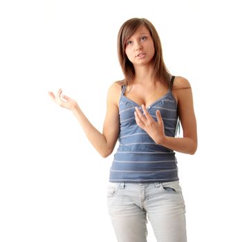 Young teen girl shouting, speaking. Isolated on white background
