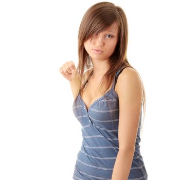 Teenage girl throwing a punch isolated