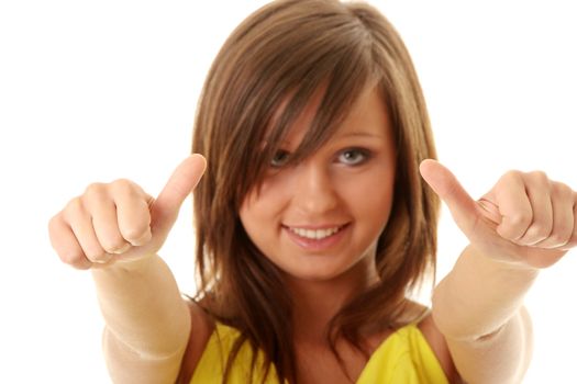 Girl showing OK sign isolated on white
