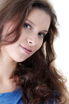 Beautiful woman standing isolated on white background.