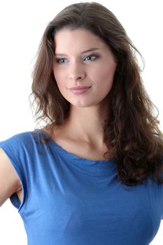 Beautiful woman standing isolated on white background.