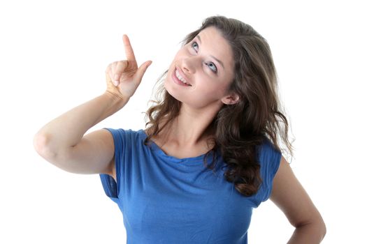 Beautiful woman pointing. isolated on white background