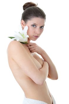 Portrait of Fresh and Beautiful woman with flower isolated on white