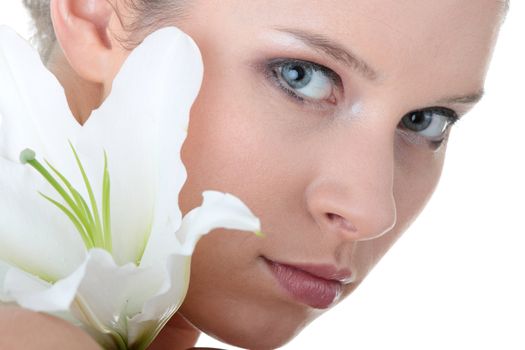 Portrait of Fresh and Beautiful woman with flower isolated on white