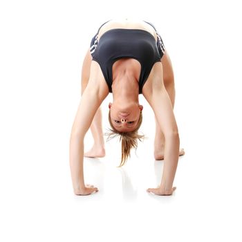 Relaxed fit woman doing exercise, isolated on white background.