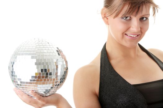 Casual showgirl girl with mirror ball background