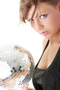 Casual showgirl girl with mirror ball background