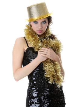 Young beautiful caucasian woman in black elegant party dress and gold hat