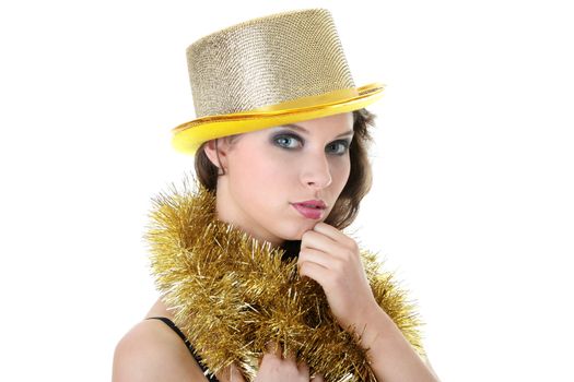 Young beautiful caucasian woman in black elegant party dress and gold hat