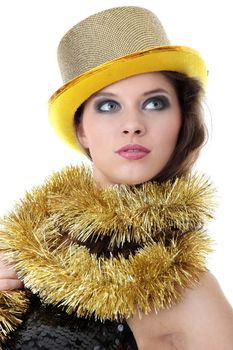 Young beautiful caucasian woman in black elegant party dress and gold hat