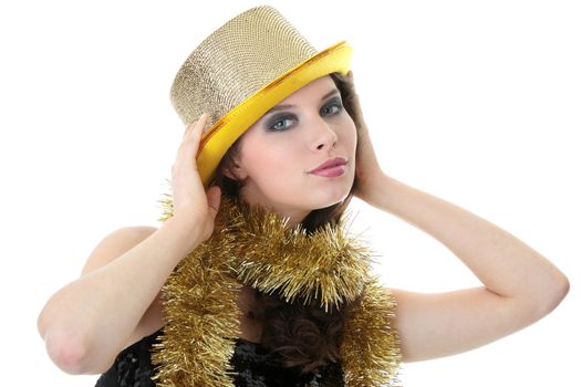Young beautiful caucasian woman in black elegant party dress and gold hat