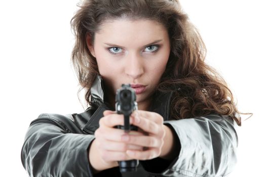 Woman With Handgun isolated on white background