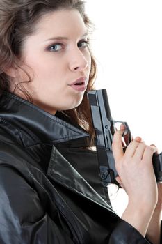 Woman With Handgun isolated on white background