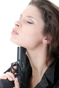 Suicide girl with gun isolated on white background