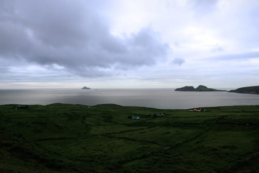 scenic view in kerry ireland of coastline and skellig rock