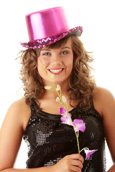 Sexy showgirl girl in pink disco hat over white