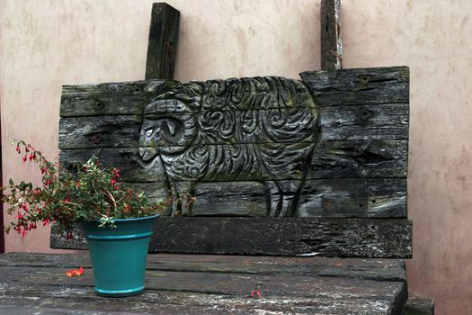 outdoor table and carved bench in ireland