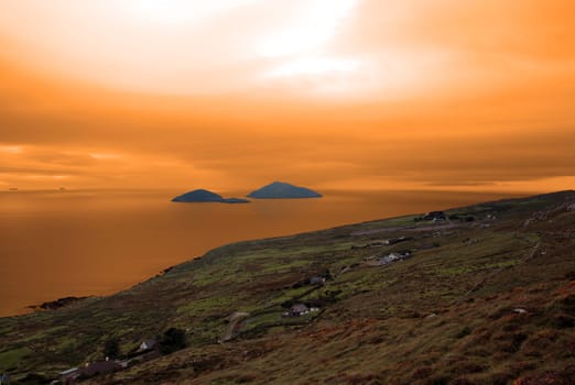 scenic view in kerry ireland of coastline and scarriff islands