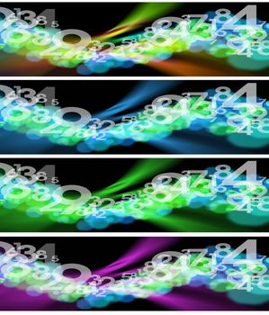 Four banners with black backgrounds blurred, reflexes and numbers