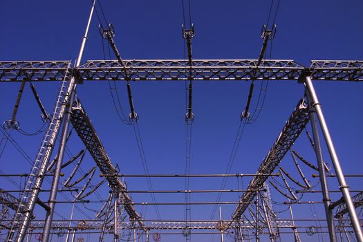 View of the high voltage transmission lines in a heat power plant