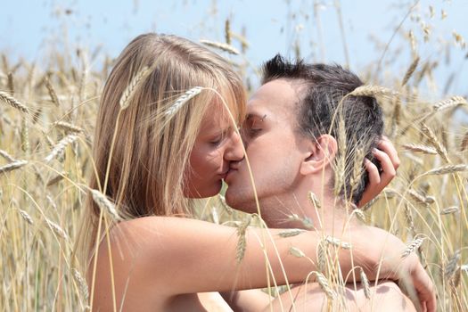 A beautiful couple sitting an kissing in wheat field