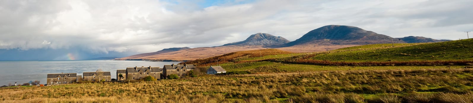 Panoramic image of Bunnahabhain distillery and field