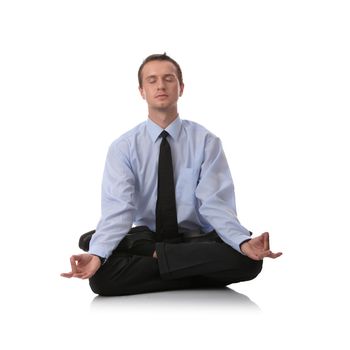 Businessman sitting in lotus position, Isolated against white background