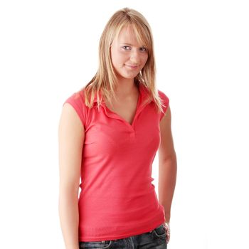 Closeup portrait of a happy young woman isolated on white background