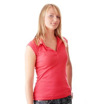 Closeup portrait of a happy young woman isolated on white background