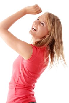 Closeup portrait of a happy young woman isolated on white background