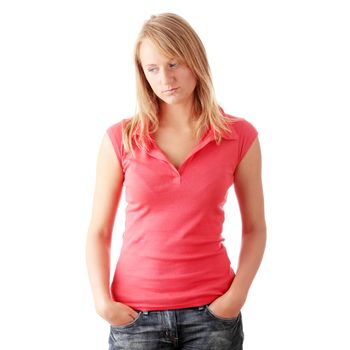 Closeup portrait of a happy young woman isolated on white background