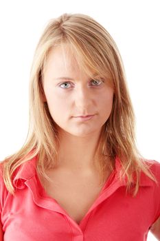 Closeup portrait of a happy young woman isolated on white background