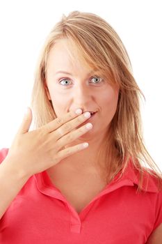 Casual caucasian blonde woman suprised over white background