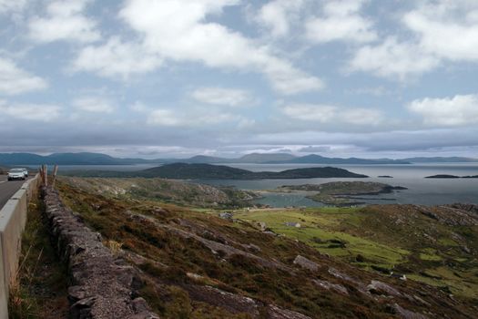 ring of kerry drive scenic view in kerry ireland of fields coastline and islands